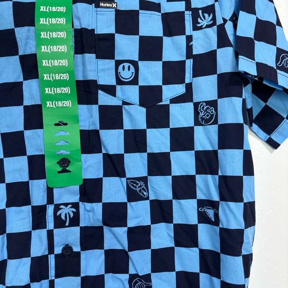Hurley NWT Boys XL 18/20 Button Front Shirt Checkered Skater Skull NEW Blue - Picture 3 of 7
